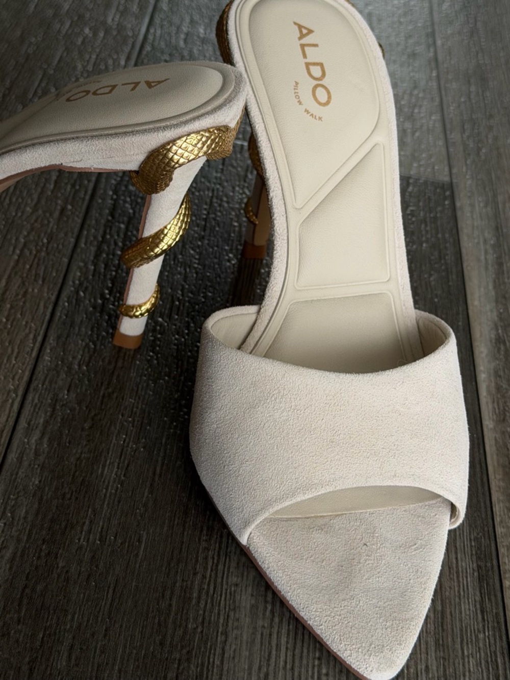 Aldo Cream Suede Pointed Open-Toe Heels with Gold Snake Accent